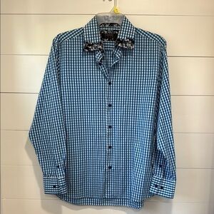 COOGI Luxe Men Size XL Blue White Checkered Floral Flip Cuff Button Up Shirt